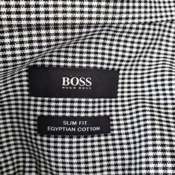 BOSS Jason Slim Fit B&W Checkered Pattern Button Down Shirt Men's Sz 16 1/2 - Picture 9 of 12